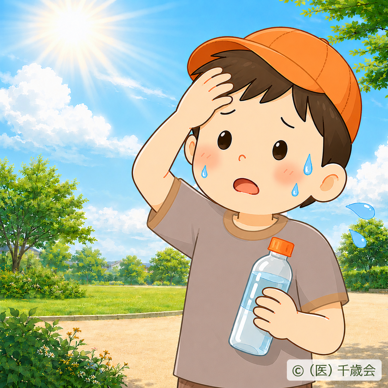 暑さで汗をかき、水分補給をしようとしている子どものイラスト